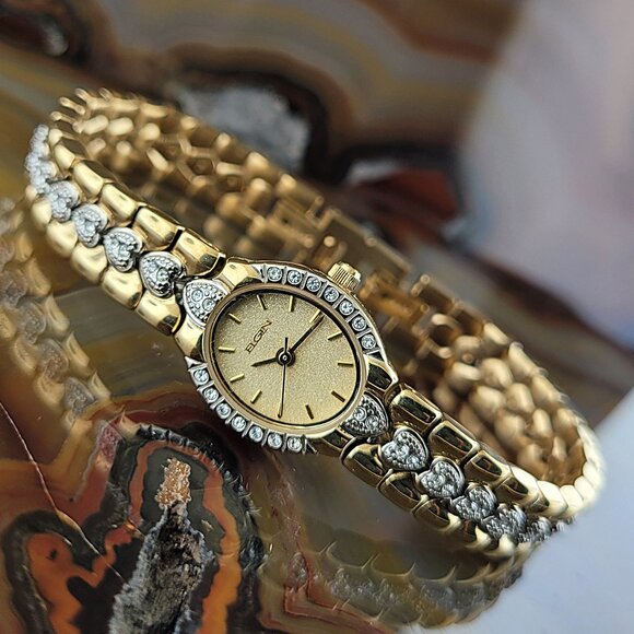 Womens ELGIN Gold & Silver Swarovski Crystal Hearts Bracelet Watch ELA72B - Picture 1 of 6